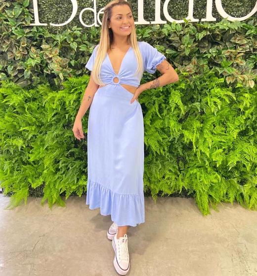 Vestido longo com amarração, azul bebê! Nacional Vestido para