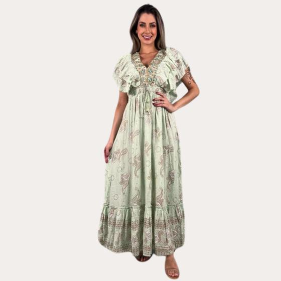 Imagem de Vestido Longo Crepe Boho Chic Com Babado Tecido Viscose