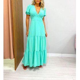 Vestido longo decote V feminino manga bufante saia dois babados moda Menor preço em Vestido longo decote V feminino manga bufante saia dois babados moda