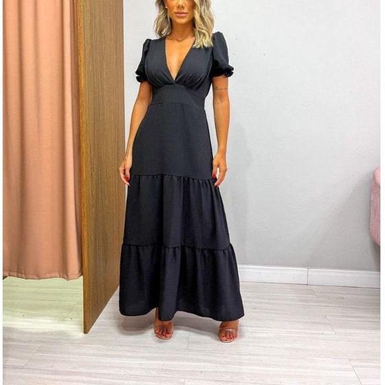 Imagem de Vestido longo decote v manga bufante saia dois babados feminino fashion