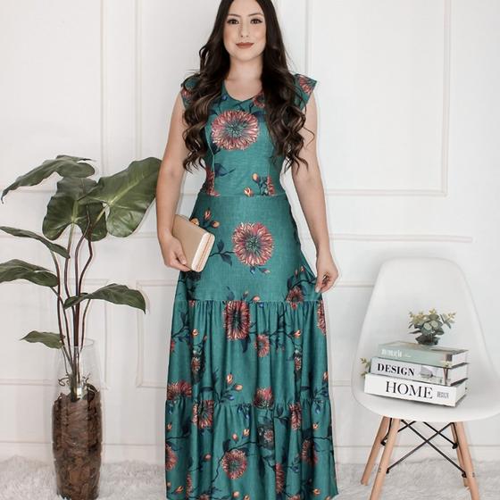 Imagem de Vestido longo estampado moda evangélica  elegante