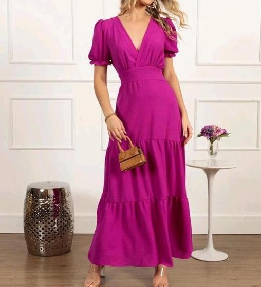 Imagem de Vestido longo feminino 3 marias manga curta princesa decote X