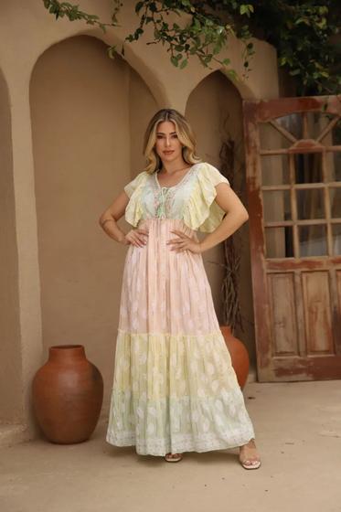 Imagem de Vestido Longo Feminino Crepe Degrade Boho Chic Bordado