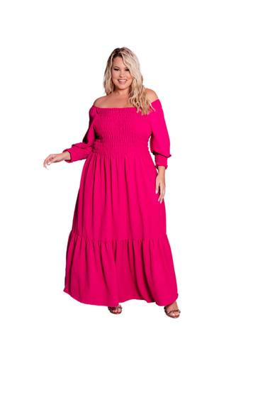 Imagem de Vestido Longo Feminino Plus Size Com Lastex Cinturado Babado