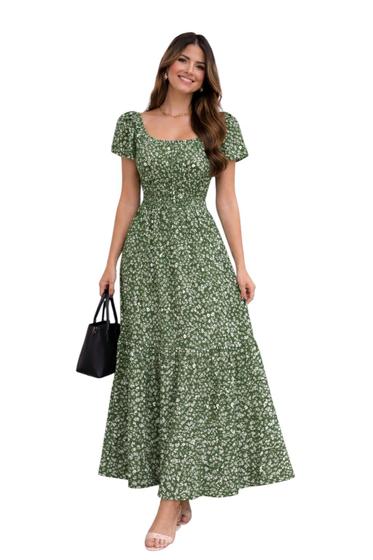Vestido longo floral ciganinha ombro a ombro boho em viscolinho elegante