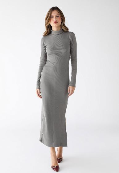 Vestido Longo Gola Alta Fenda Lateral Ribana Premium Levosch