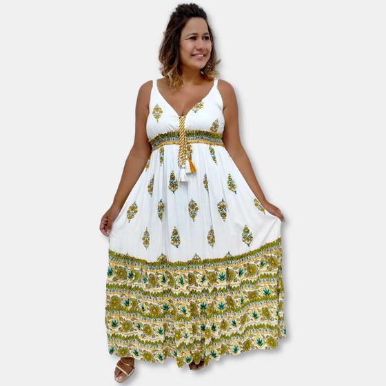 Imagem de Vestido Longo Indiano Alça com Elástico na Cintura Plus Size