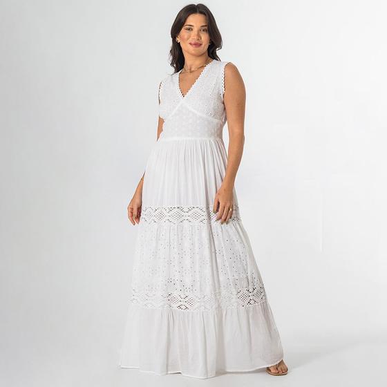 Imagem de Vestido Longo Indiano Branco Lese Regata Decote V Bordado