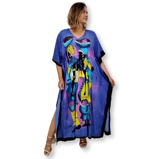 Imagem de Vestido Longo Indiano Kaftan Viscose Estampa Africana Plus