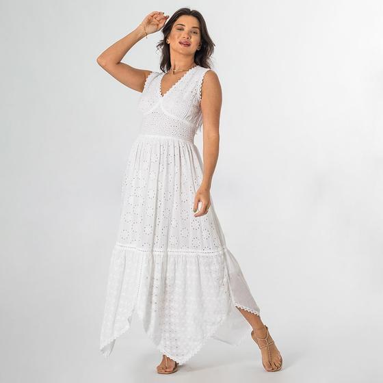 Imagem de Vestido Longo Indiano Lese Branco De Bico Regata Decote V