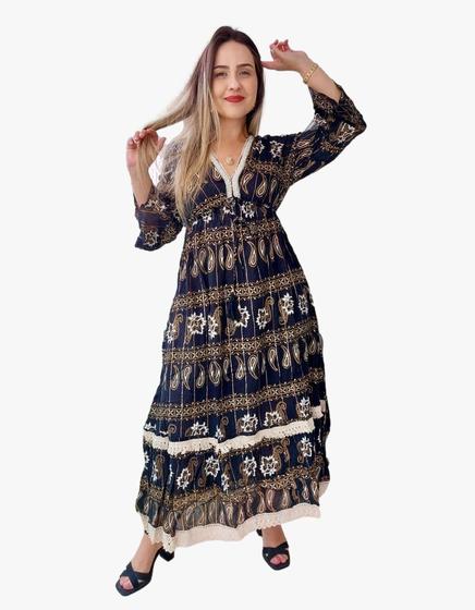 Imagem de Vestido Longo Indiano Lurex Linha Luxo Boho Chic c/ Forro-cod.10