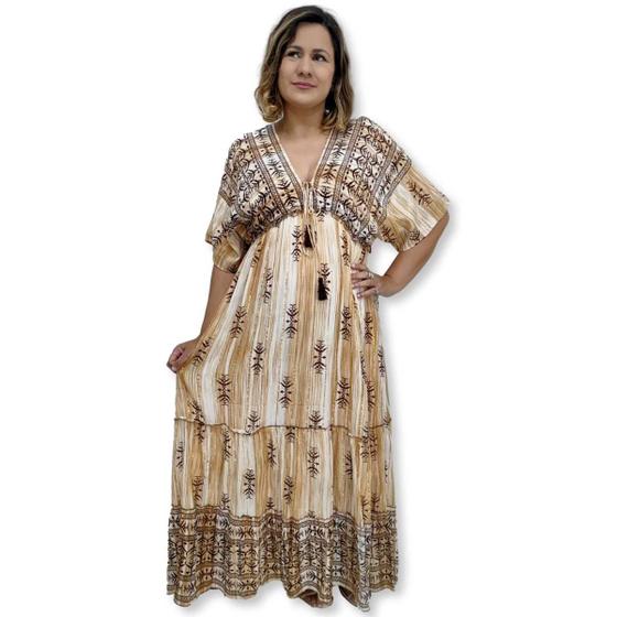 Imagem de Vestido Longo Indiano Manga curta Crepe Estampado Boho Luxo