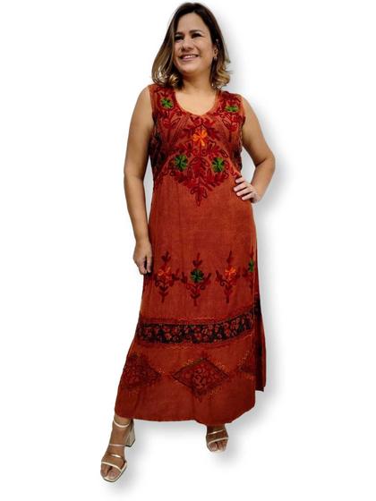 Imagem de Vestido Longo Indiano Regata Liso Bordado Colorido Plus Size