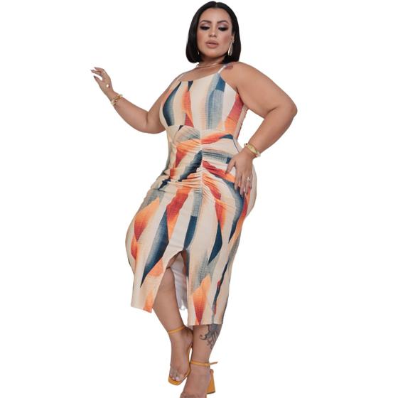 Imagem de Vestido longo inspiração cor abstrato blogueira franzido Plus Size