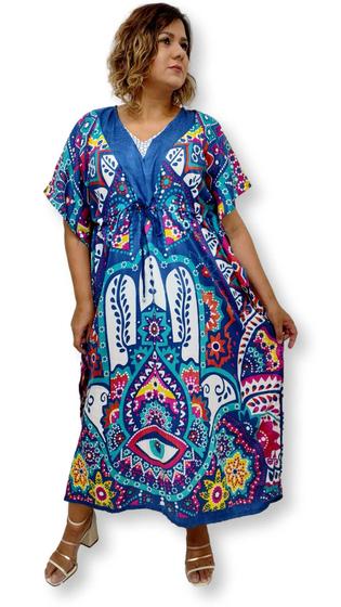 Imagem de Vestido Longo Kaftan Indiana Plus Size Estampa Mão de Fátima