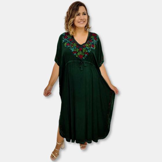 Imagem de Vestido Longo Kaftan Indiano Viscose Liso Bordado Plus Size