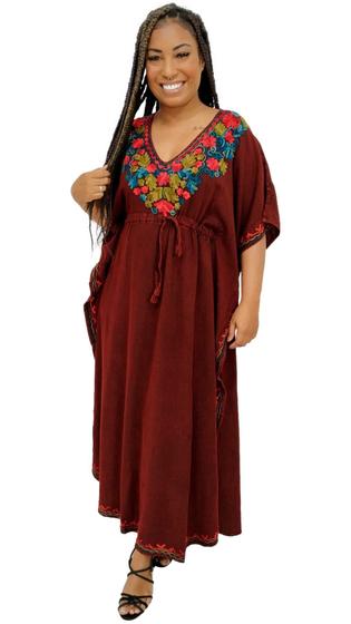 Imagem de Vestido Longo Kaftan Indiano Viscose Liso Bordado Plus Size