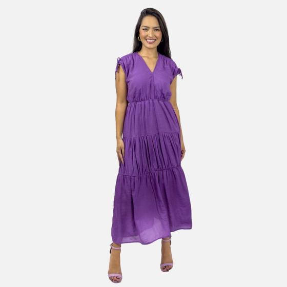 Imagem de Vestido Longo Maya Ombro Drapeado Regulável Acinturado Decote em V Cores da Moda Elegante e Confortável Moda Casual