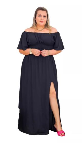 Vestido Longo Plus Size Ciganinha Com Fenda Manga Curta Ombro a Ombro Preto Liso Menor preço em Vestido Longo Plus Size Ciganinha Com Fenda Manga Curta Ombro a Ombro Preto Liso