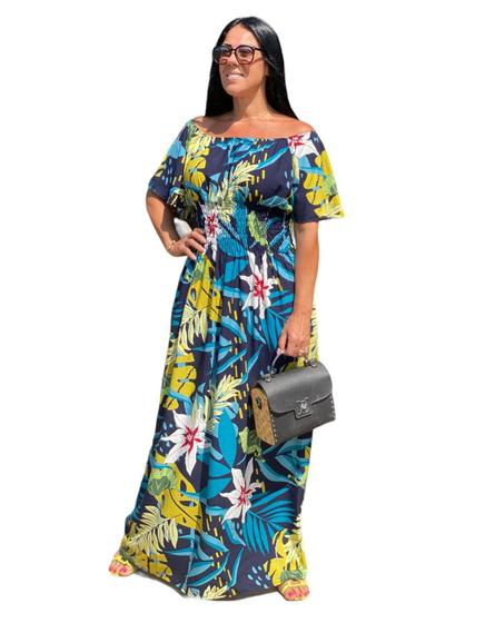 Imagem de Vestido Longo Plus Size Ciganinha Floral Azul Verão 48 ao 54