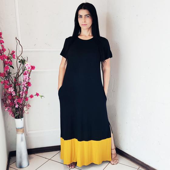 Imagem de Vestido Longo Plus Size Malha Manga Curta Viscolycra Duas Cores com Bolso Preto com Mostarda