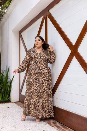 Imagem de Vestido Longo Plus Size Manga Longa Decote V Lastex Cintura