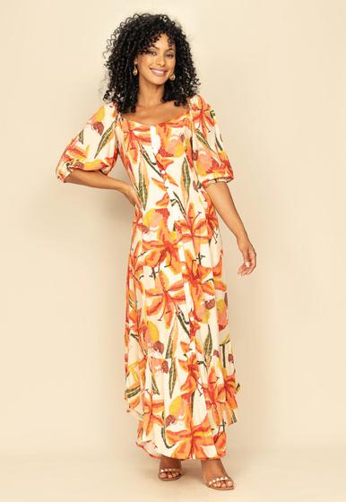 Imagem de Vestido Longo Sant Manga Bufante Estampa Hibiscos Laranja