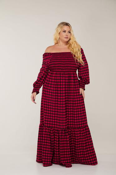 Imagem de Vestido Longo Xadrez Plus Size Manga 3/4 Meia Estação Moda Evangélica Gestante ajustável ao corpo