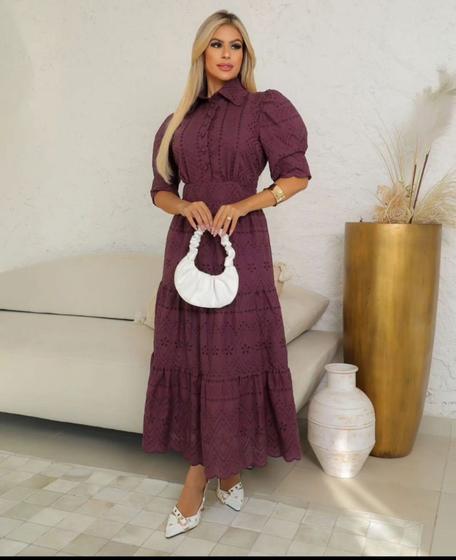 Imagem de Vestido Lorena Maxi Midi em Lese 100% algodão Moda Evangelica Elegante