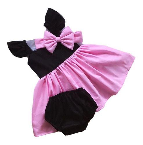 Imagem de Vestido Luxo Menina Bebê Infantil Rn A 4 Faixa Recem Nascido Bolinha Preta Minnie Rosa Baby 