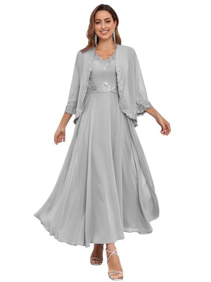 Imagem de Vestido Mãe do Noivo CDSSL com decote em V prateado e renda de chiffon