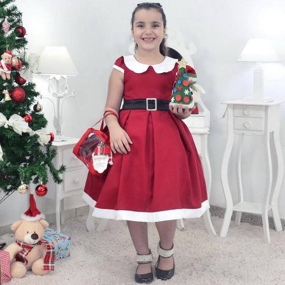 Imagem de Vestido Mamãe Noel Infantil, Bolsa Vermelha e Arvore de Montar