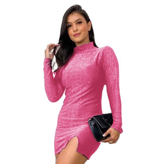 Imagem de Vestido Manga Longa Inverno Curto Fenda Lurex Brilho Gola