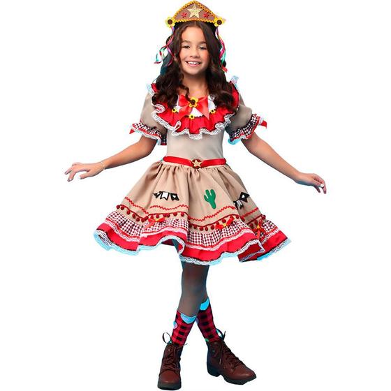 Imagem de Vestido Maria Bonita Infantil Fantasia Cangaceira de Luxo Roupa Festa Junina pra Menina Com Chapeu