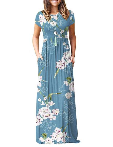 Imagem de Vestido maxi AUSELILY feminino de manga curta floral azul claro