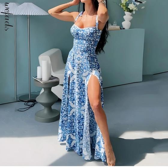Vestido Maxi Feminino Sexy Sem Mangas - Decote V, Fenda e Estampa Menor preço em Vestido Maxi Feminino Sexy Sem Mangas - Decote V, Fenda e Estampa