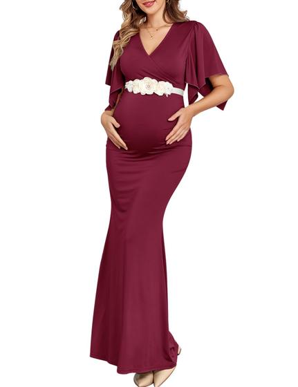 Imagem de Vestido maxi para maternidade AISWI Maxi com faixa de flores cor de vinho