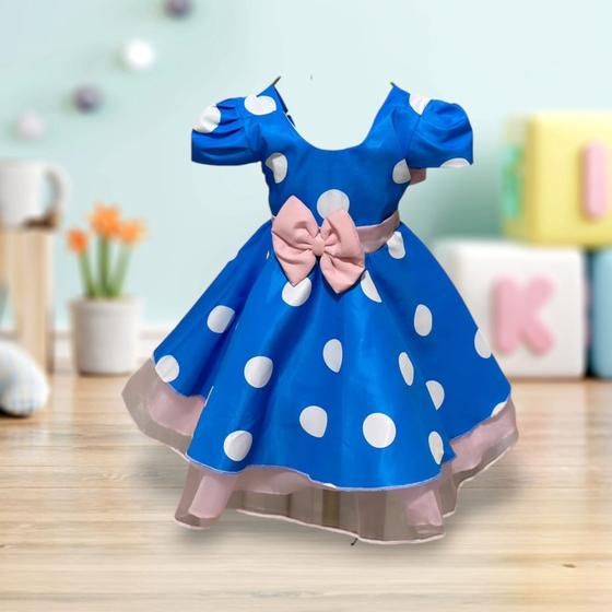 Imagem de Vestido Menina Infantil Elegante Luxo Azul Bolinhas Brancas Galinha Pintadinha