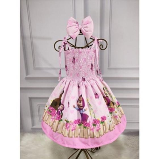 Imagem de Vestido Menina Infantil Lastex Temático Macha e o Urso Rosa