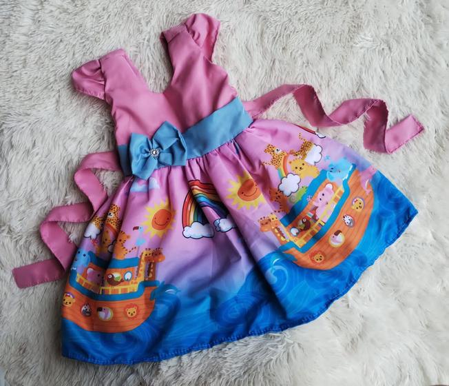 Imagem de Vestido Menina Infantil Simples Temático Arca de Noé Rosa