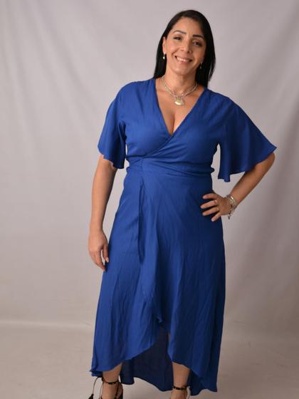 Imagem de Vestido Mid Envelope Transpassado Decote V Com Laço Na Cintura De Viscose Sarjada Premium Moda Verão