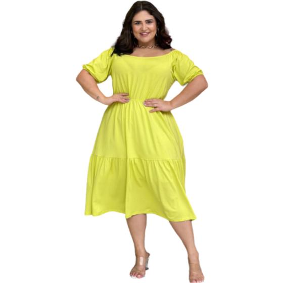 Imagem de Vestido Midi Babado Forrado Tecido Viscolycra Ombro a Ombro Plus Size