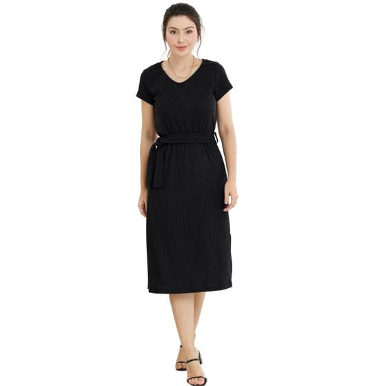 Imagem de Vestido Midi Casual Ribana Anarruga Confort Com Cinto e Fendas Moda Primavera Verão Slim 73923A