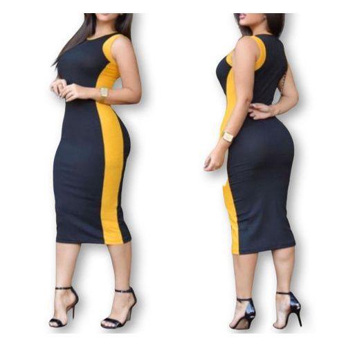 Vestido midi cavado canelado faixa amarela na lateral feminino Menor preço em Vestido midi cavado canelado faixa amarela na lateral feminino