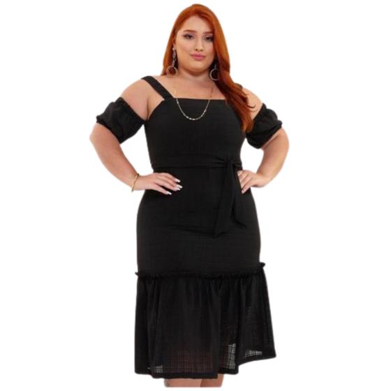 Imagem de Vestido Midi Chino Alça Lastex Forrado Manga Curta Plus Size