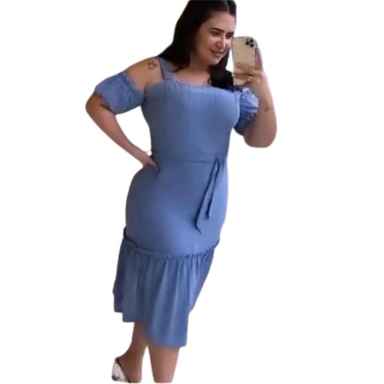 Imagem de Vestido Midi Chino Alça Lastex Forrado Manga Curta Plus Size