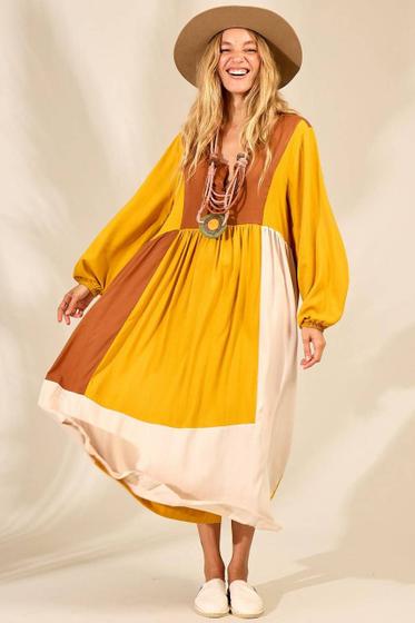 Imagem de Vestido Midi com Mangas Longas Bufantes Amarelo Yacamim br /