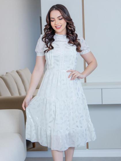 Imagem de Vestido Midi Elegante Soltinho Gola Alta Manga Curta de Festa Formatura