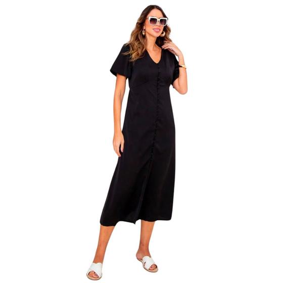 Imagem de Vestido midi feminino botões liso com fenda frontal com forro elegante