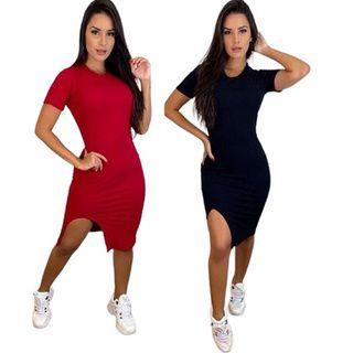 Imagem de Vestido Midi Justo Fenda Frontal Manga Curta